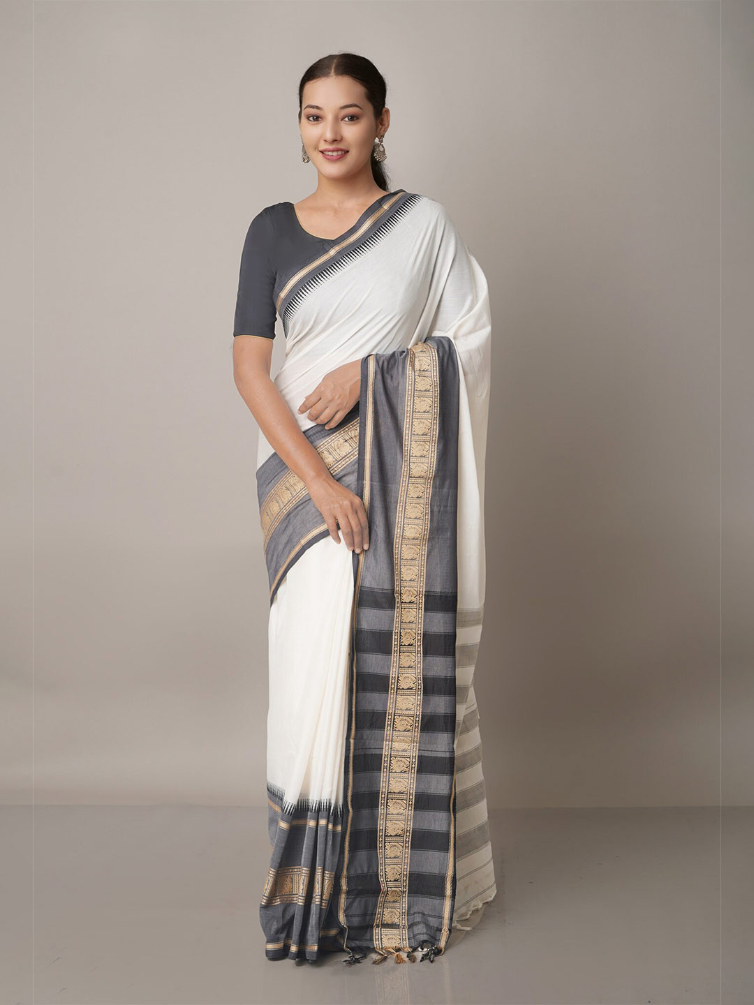 

Unnati Silks Beige & Grey Woven Design Zari Narayan Peth Saree