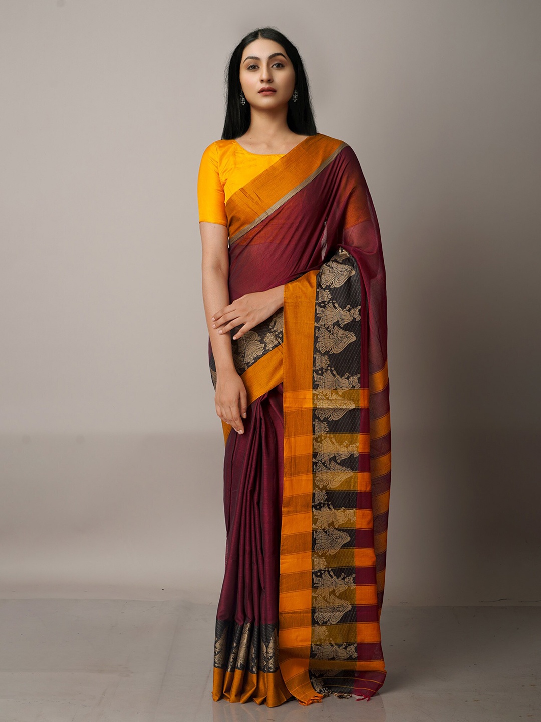 

Unnati Silks Maroon & Orange Woven Design Pure Cotton Narayan Peth Saree