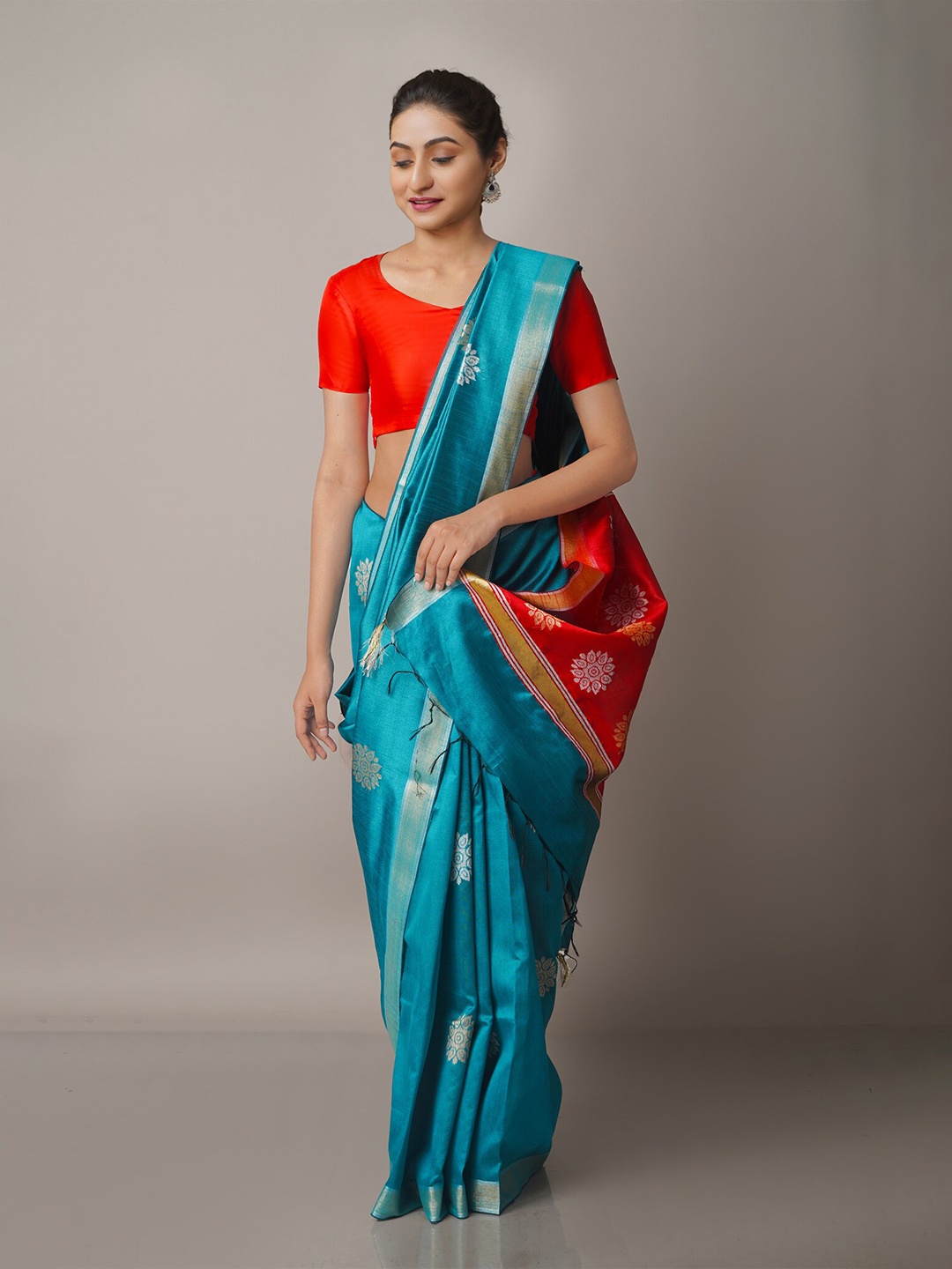 

Unnati Silks Blue & Orange Woven Design Zari Silk Blend Jamdani Saree
