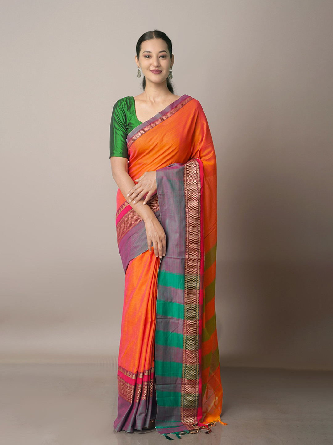 

Unnati Silks Orange & Green Woven Design Zari Pure Cotton Narayan Peth Saree