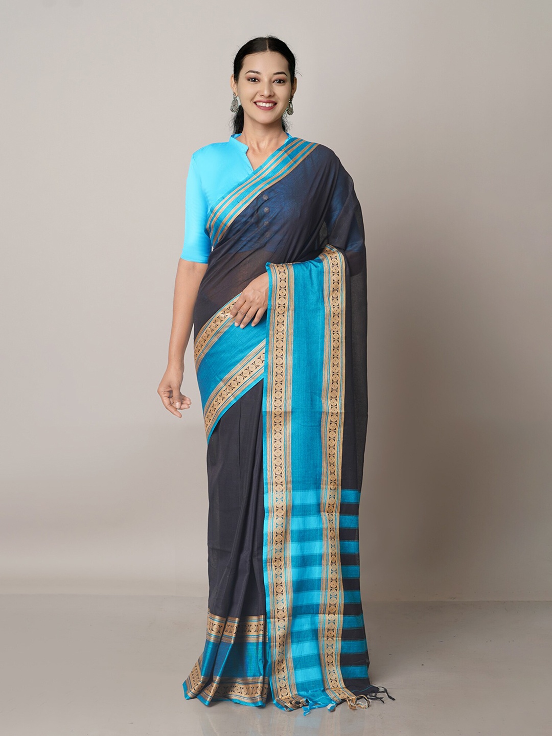 

Unnati Silks Black & Blue Woven Design Zari Pure Cotton Narayan Peth Saree