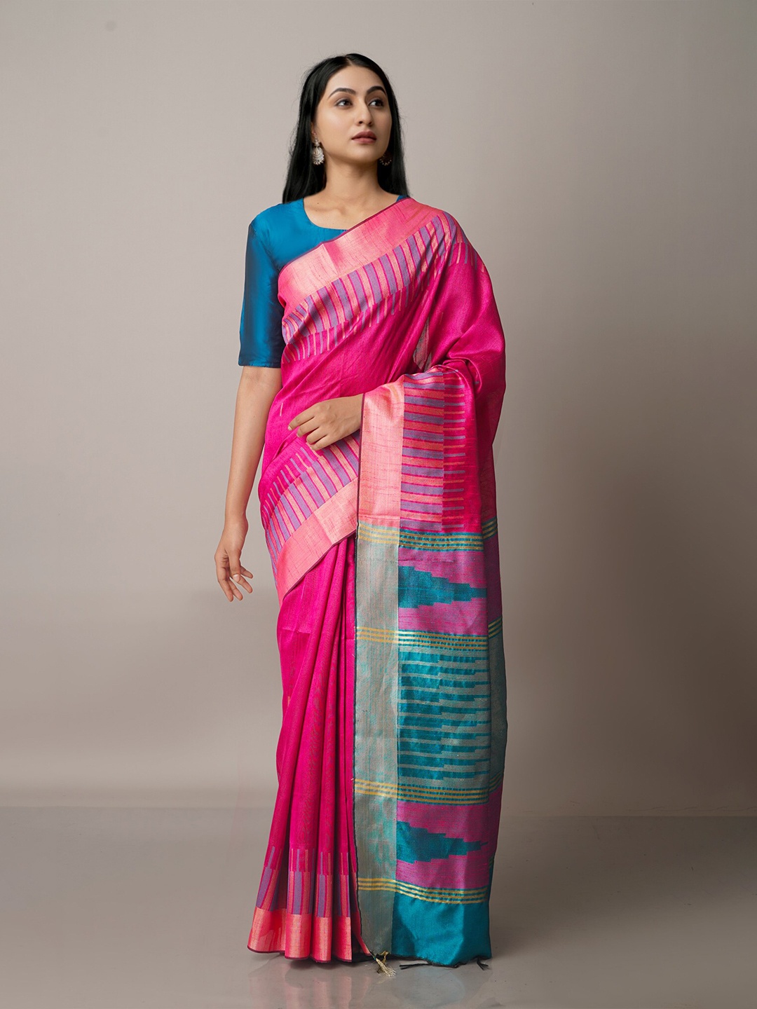 

Unnati Silks Pink & Blue Woven Design Zari Silk Blend Jamdani Saree