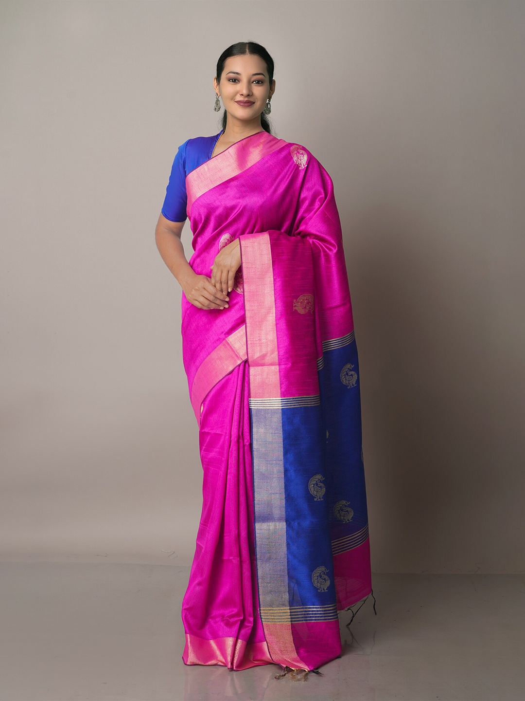 

Unnati Silks Pink & Blue Woven Design Zari Silk Blend Jamdani Saree