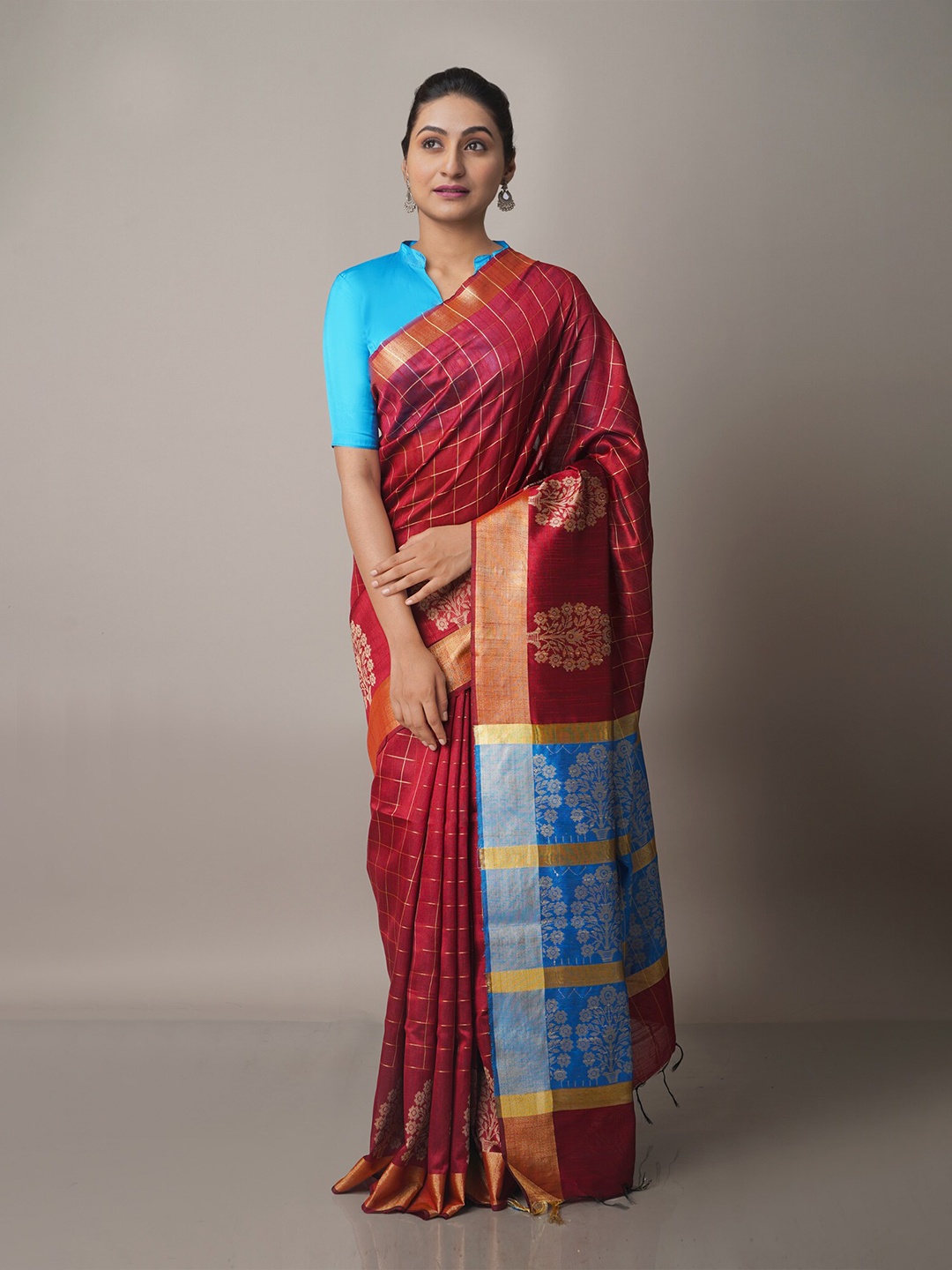 

Unnati Silks Maroon & Blue Woven Design Zari Silk Blend Jamdani Saree