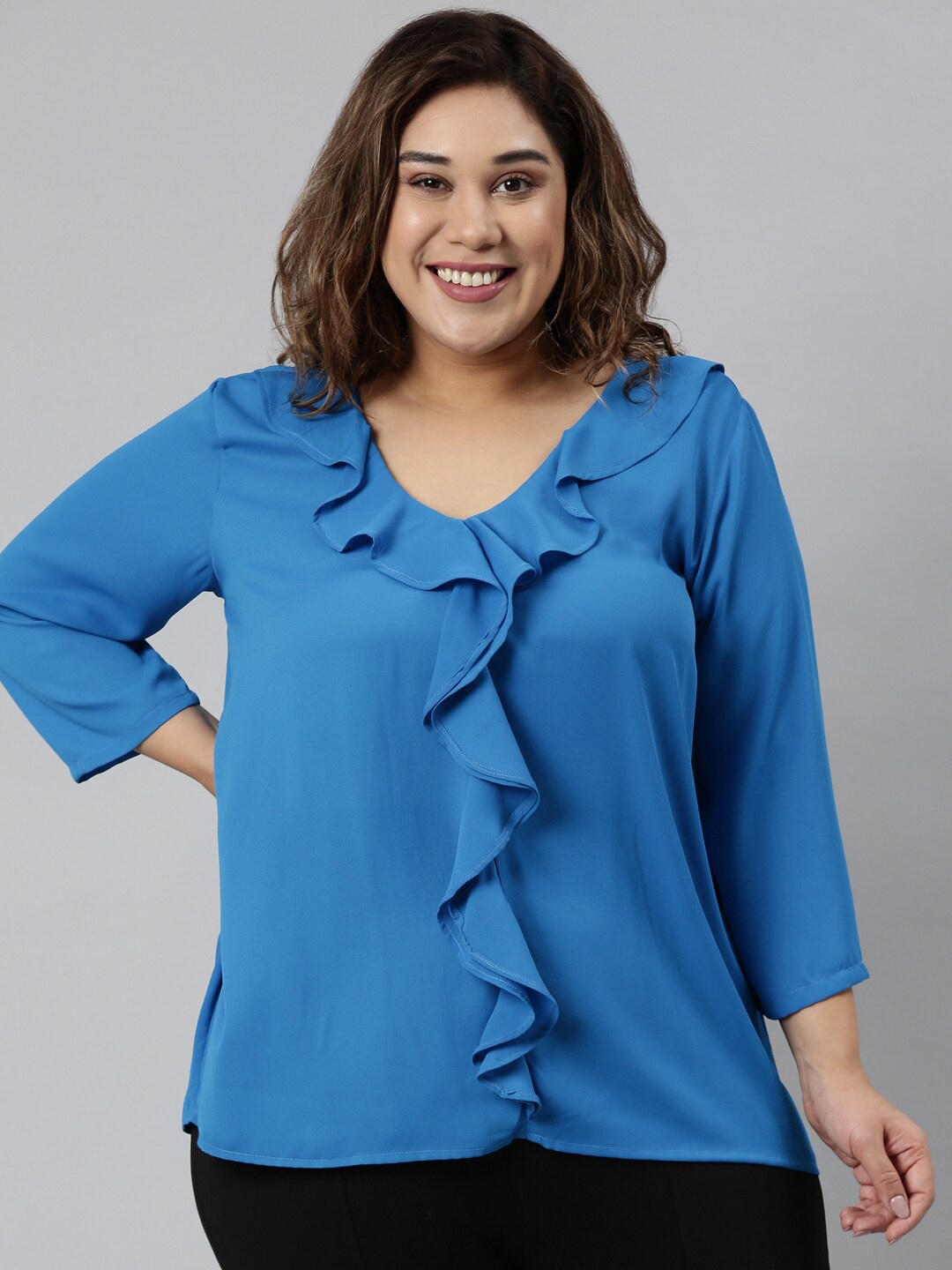 

The Pink Moon Blue Ruffles Georgette Top