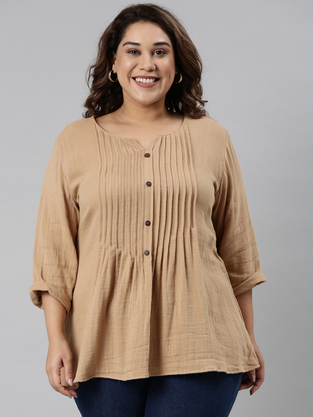 

The Pink Moon Women Plus Size Beige Solid Pure Cotton Top