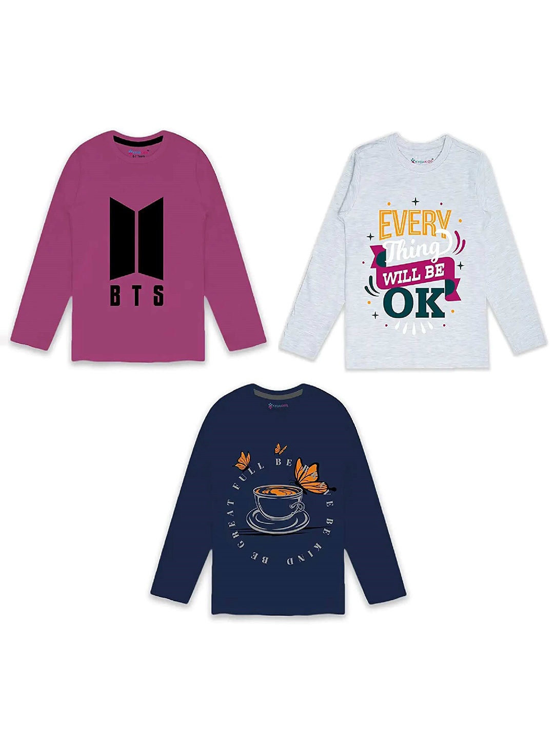 

KYDA KIDS Girls Cotton White & Purple Printed T-shirt Pack of 3