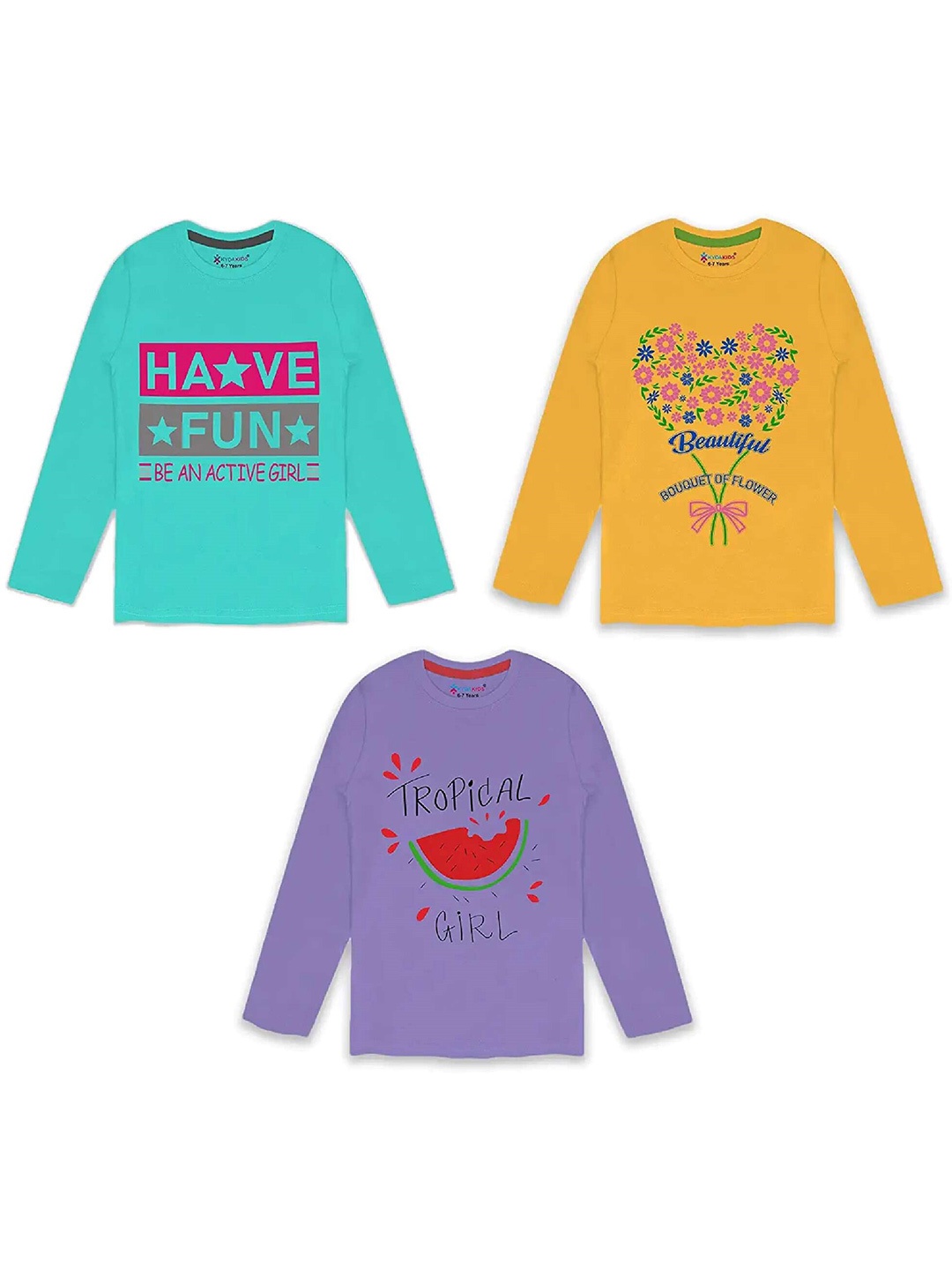 

KYDA KIDS Girls Cotton Printed T-shirt Pack of 3, Mustard