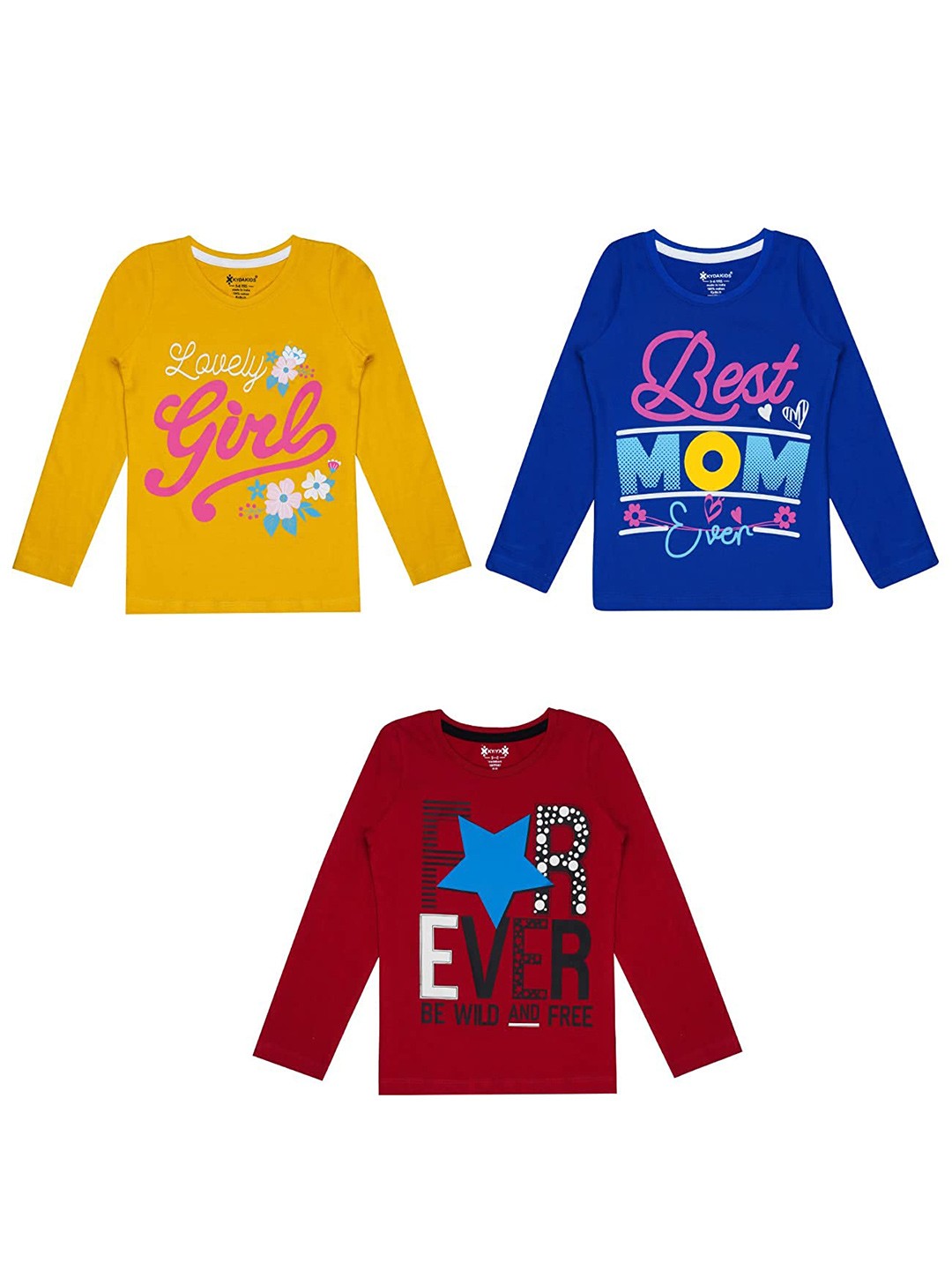 

KYDA KIDS Girls Pack Of 3 Yellow & Blue Printed Cotton T-shirt