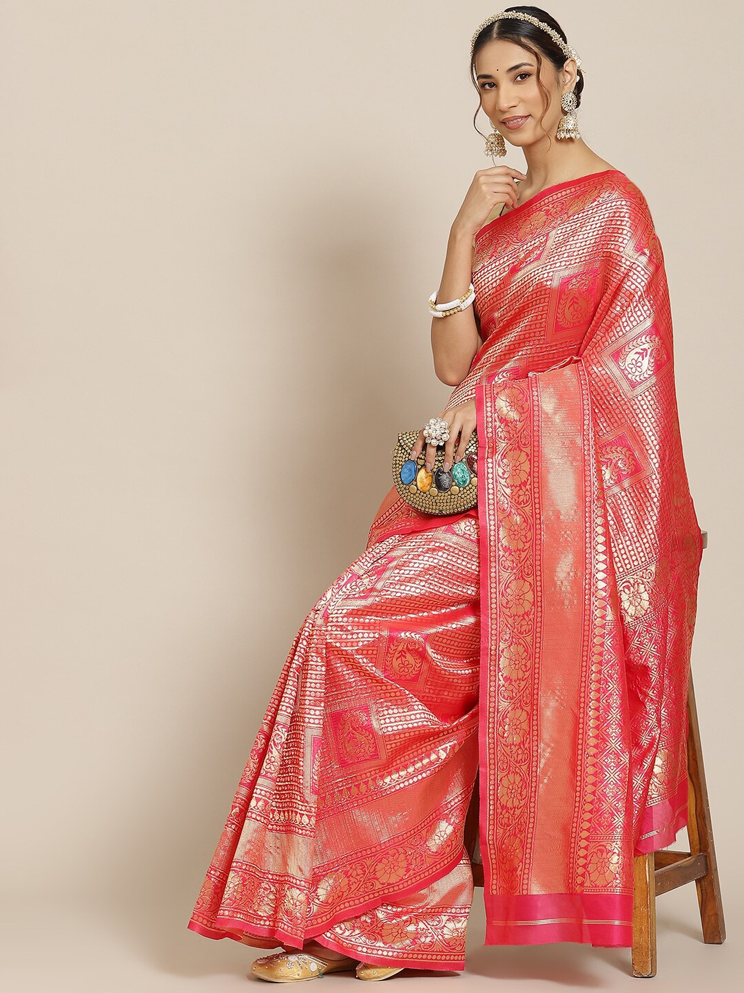 

Atsevam Pink & Gold-Toned Paisley Zardozi Silk Blend Kanjeevaram Saree