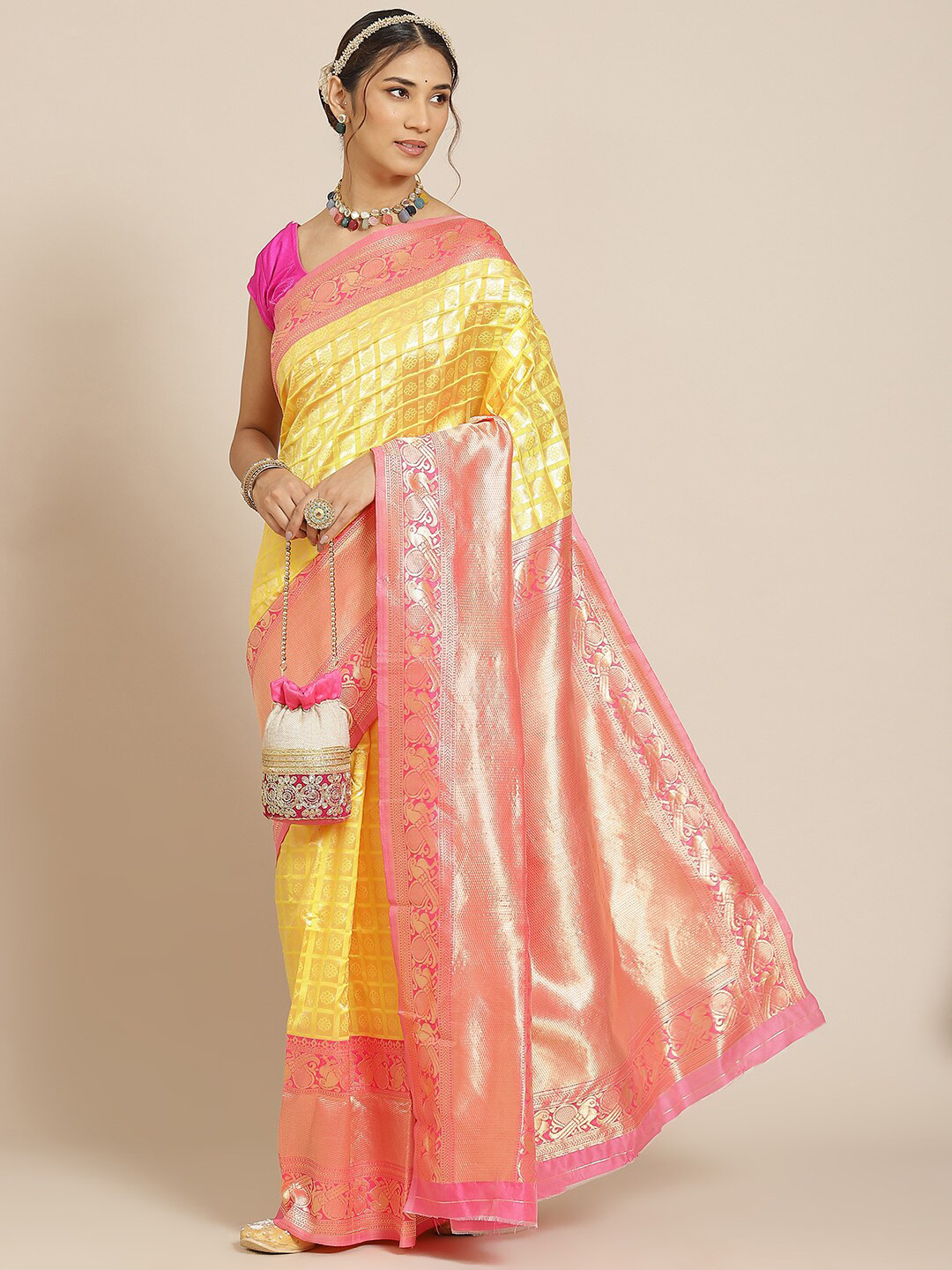 

Atsevam Yellow & Peach-Coloured Woven Design Zari Silk Blend Kanjeevaram Saree