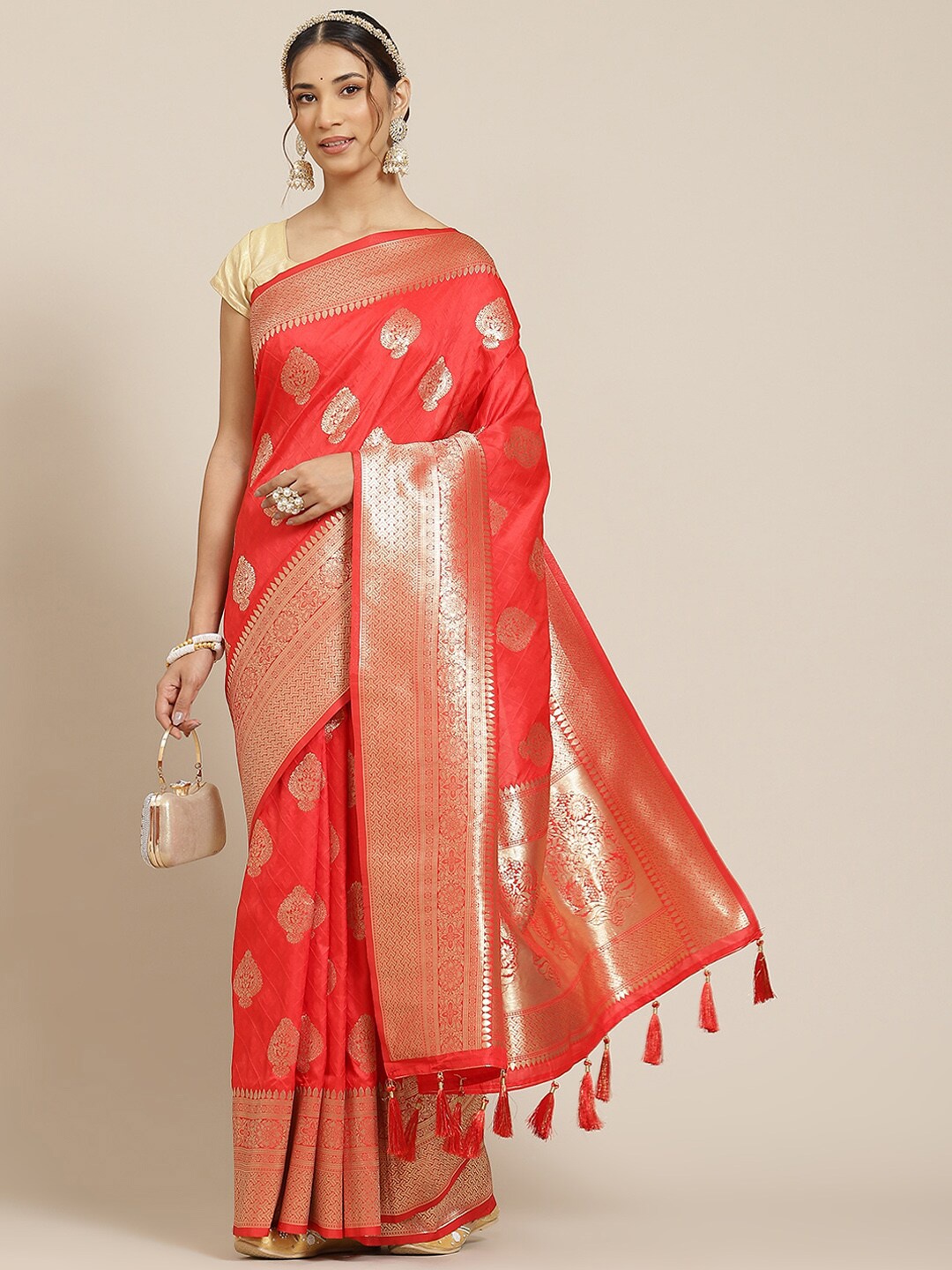 

Atsevam Red & Gold-Toned Woven Design Zardozi Silk Blend Kanjeevaram Saree