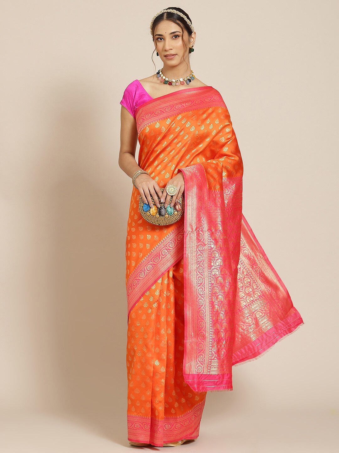 

Atsevam Orange & Pink Woven Design Zari Silk Blend Kanjeevaram Saree