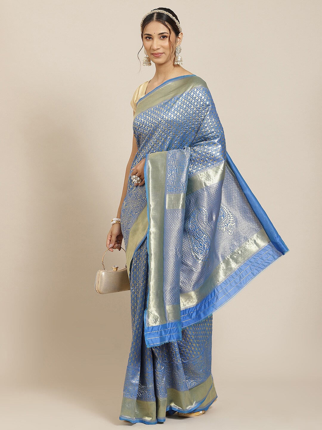 

Atsevam Blue & Green Woven Design Zari Silk Blend Kanjeevaram Saree