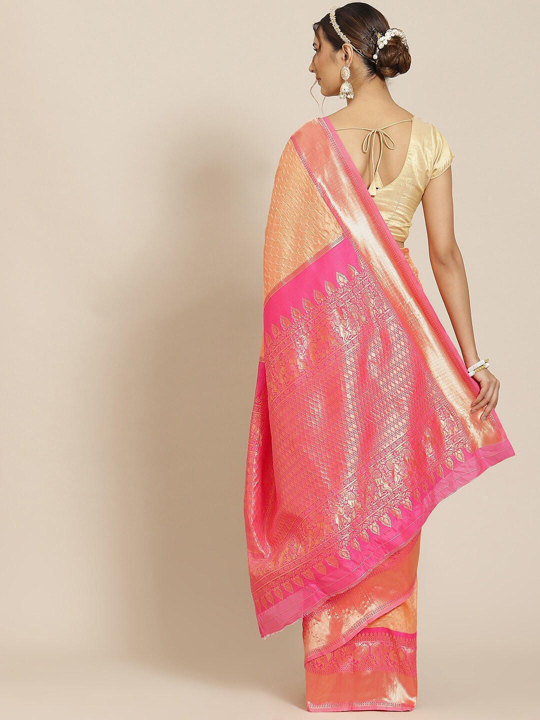 

Atsevam Peach-Coloured & Pink Woven Design Zari Silk Blend Kanjeevaram Saree