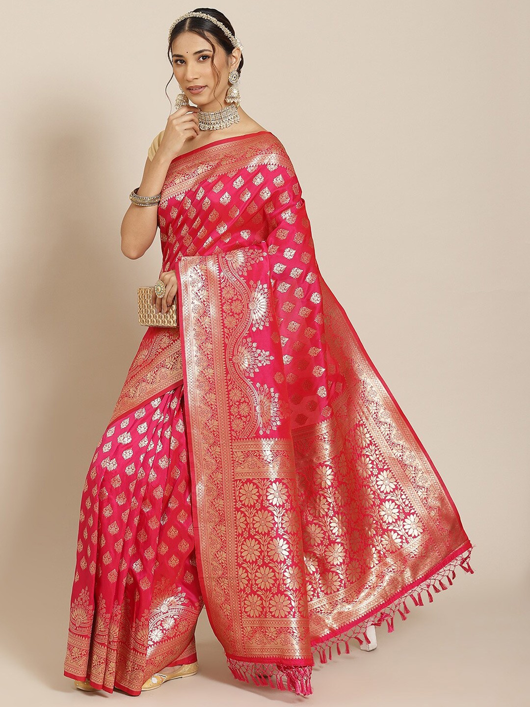 

Atsevam Pink & Gold-Toned Ethnic Motifs Zari Silk Blend Kanjeevaram Saree