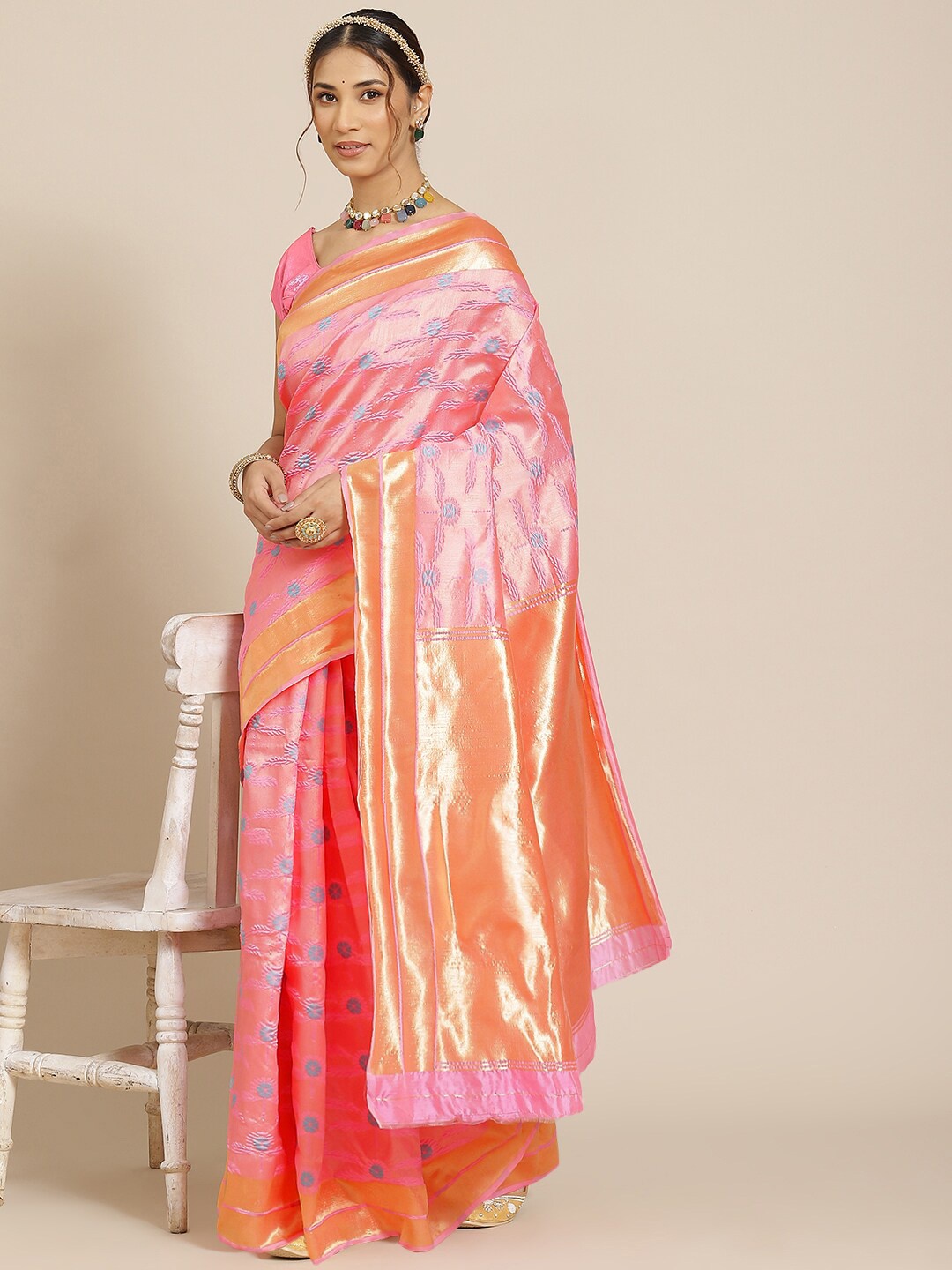 

Atsevam Pink & Orange Woven Design Zari Silk Blend Kanjeevaram Saree