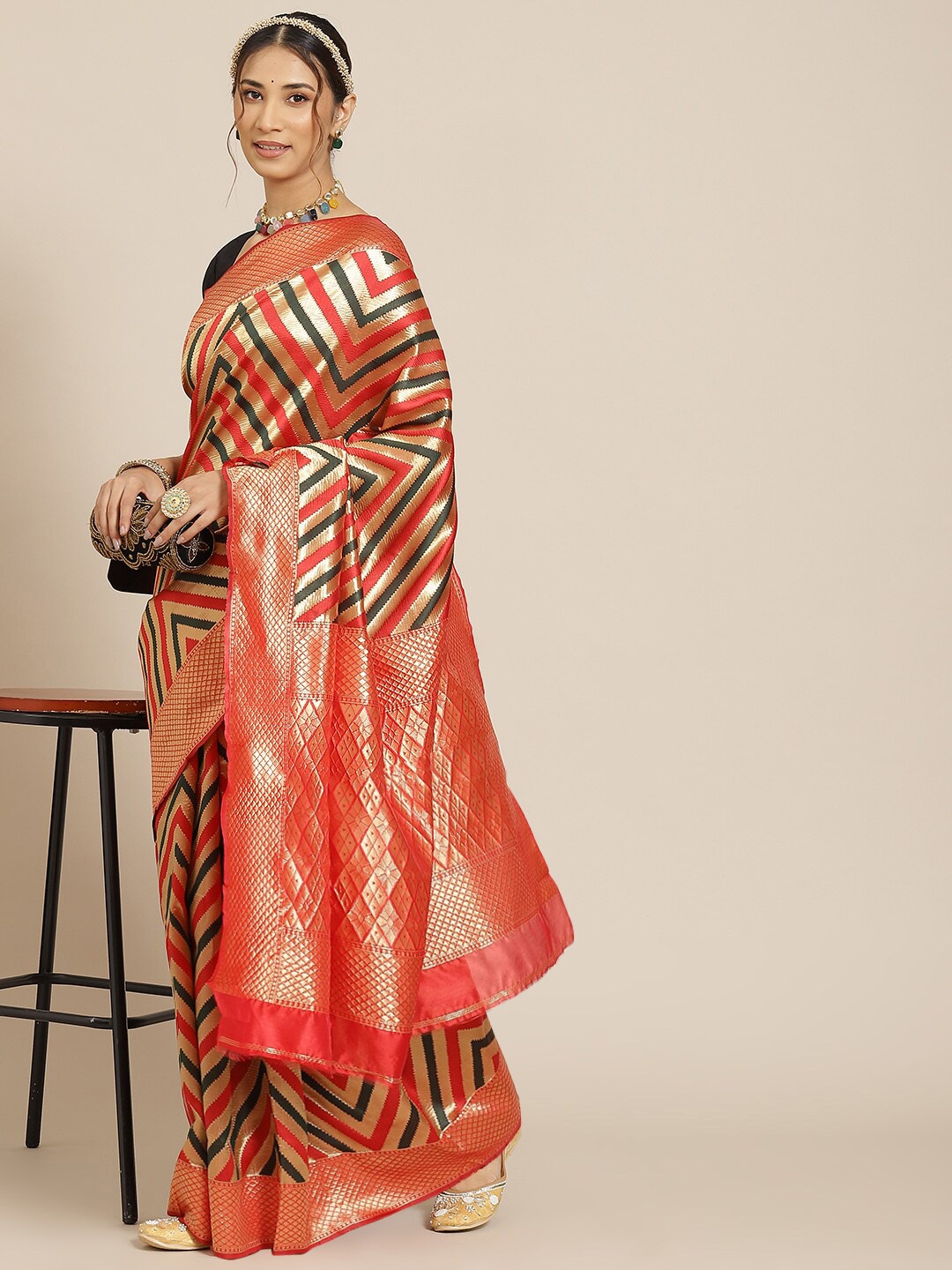 

Atsevam Red & Black Woven Design Zari Silk Blend Kanjeevaram Saree