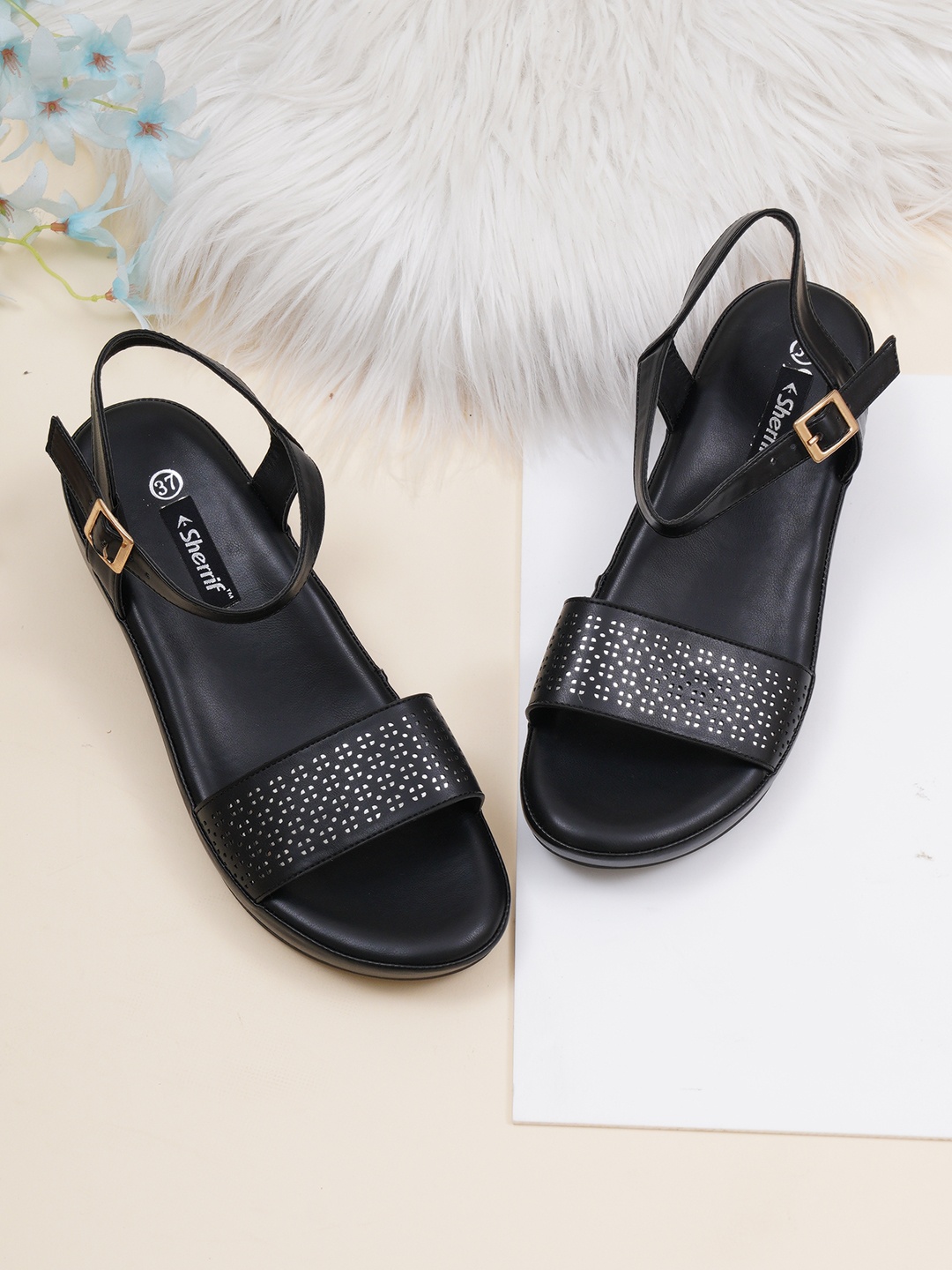 

Sherrif Shoes Black Textured Wedge Heels with Laser Cuts