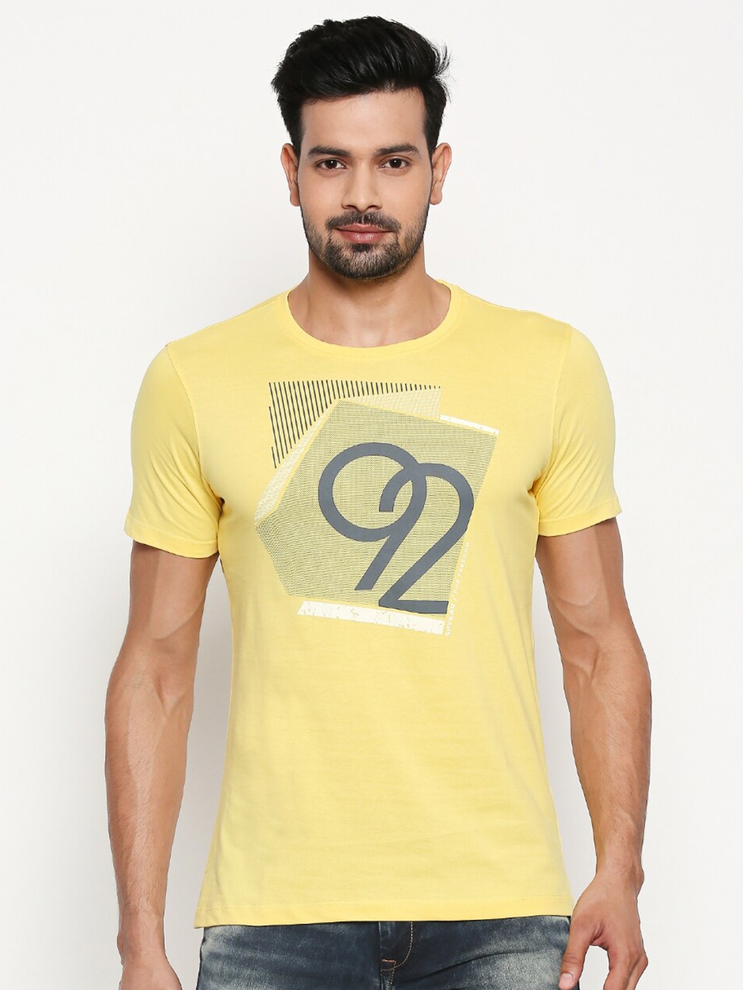 

SPYKAR Men Yellow & Grey Varsity Printed Slim Fit Cotton T-shirt