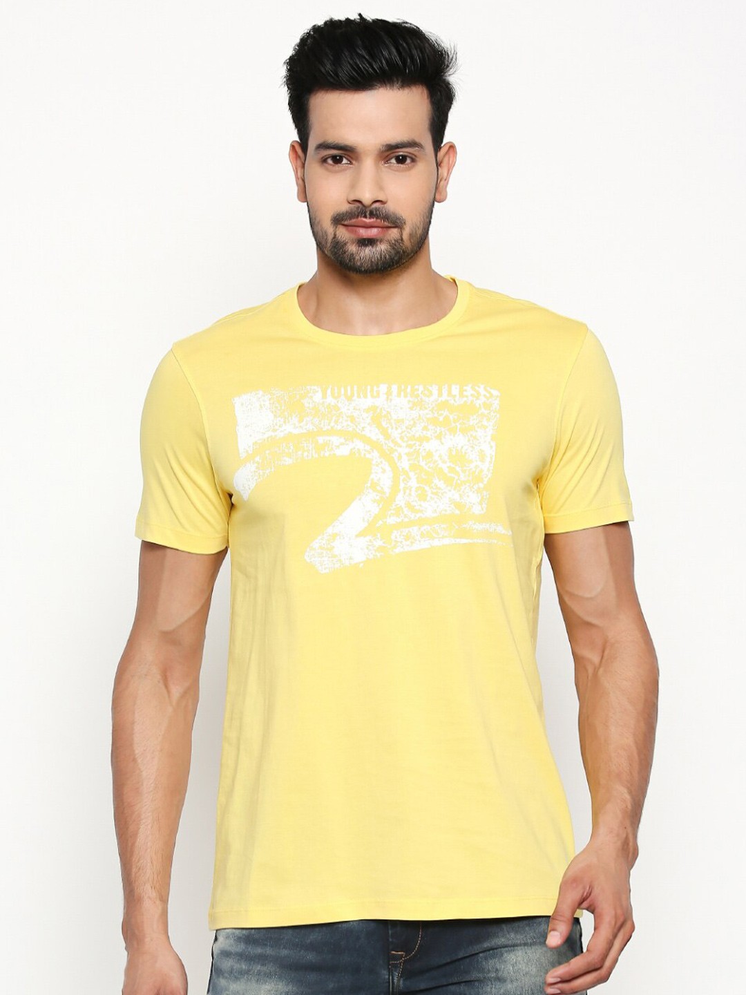 

SPYKAR Men Cotton Yellow Typography Printed Slim Fit T-shirt