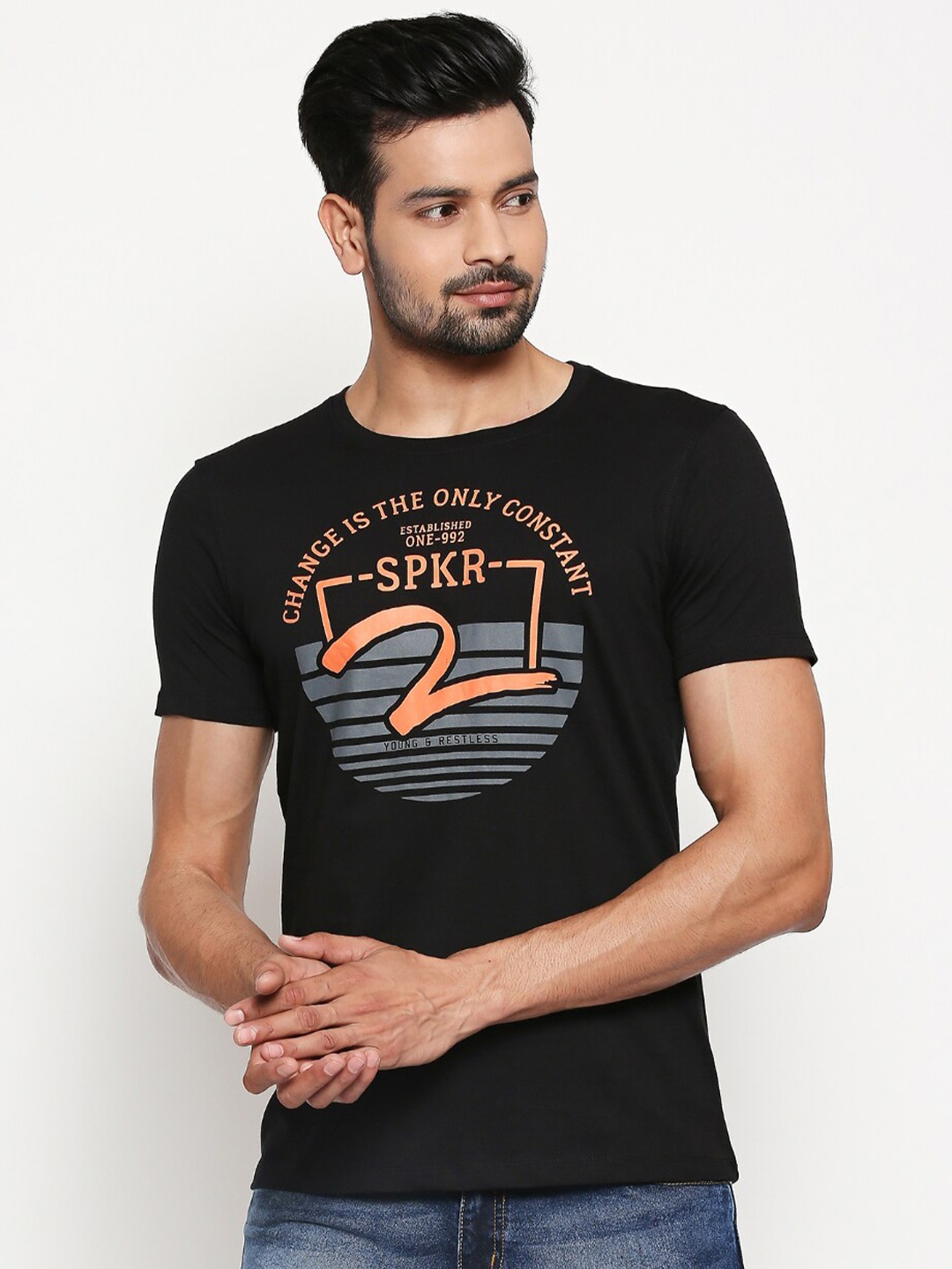 

SPYKAR Men Black Printed Slim Fit Cotton T-shirt