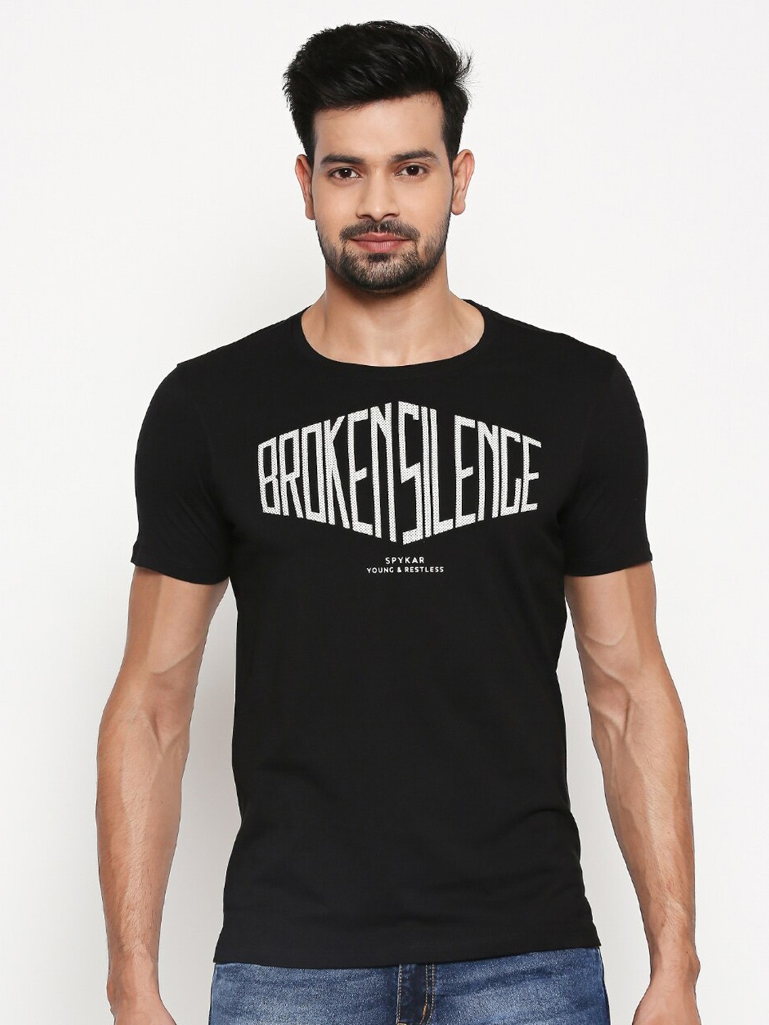

SPYKAR Men Black Printed Slim Fit Cotton T-shirt