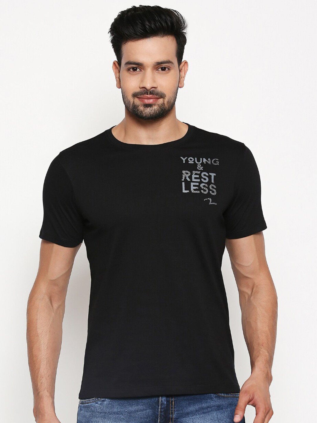 

SPYKAR Men Black Slim Fit Cotton T-shirt