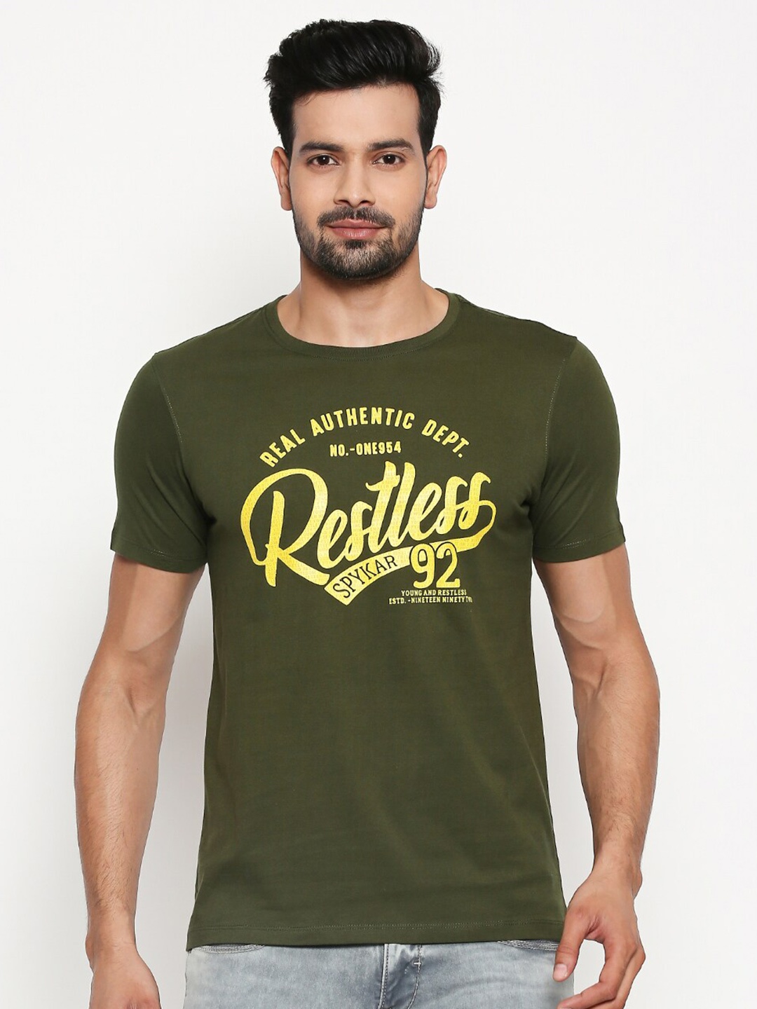 

SPYKAR Men Olive Green Typography Printed Slim Fit Cotton T-shirt