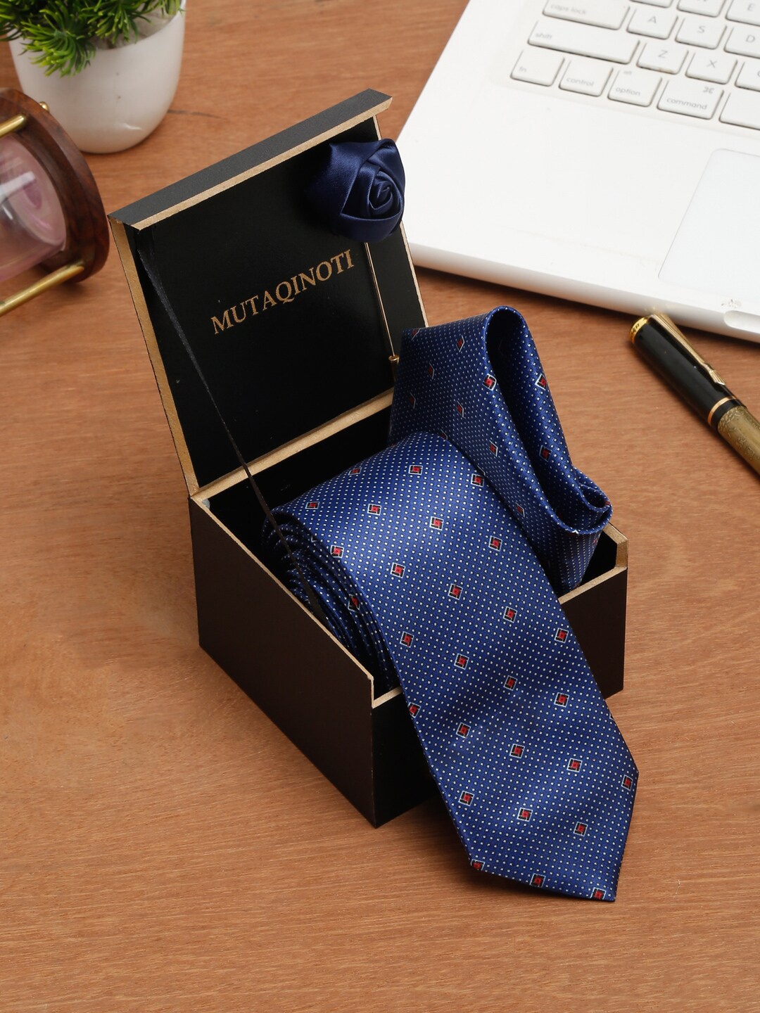 

MUTAQINOTI Men Navy Blue & White Printed Formal Tie Accessory Gift Set