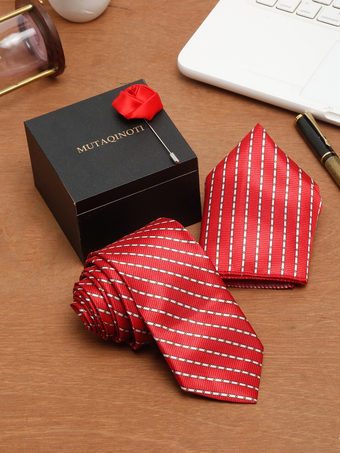

MUTAQINOTI Men Red Printed Polyester Formal Tie Accessory Gift Set