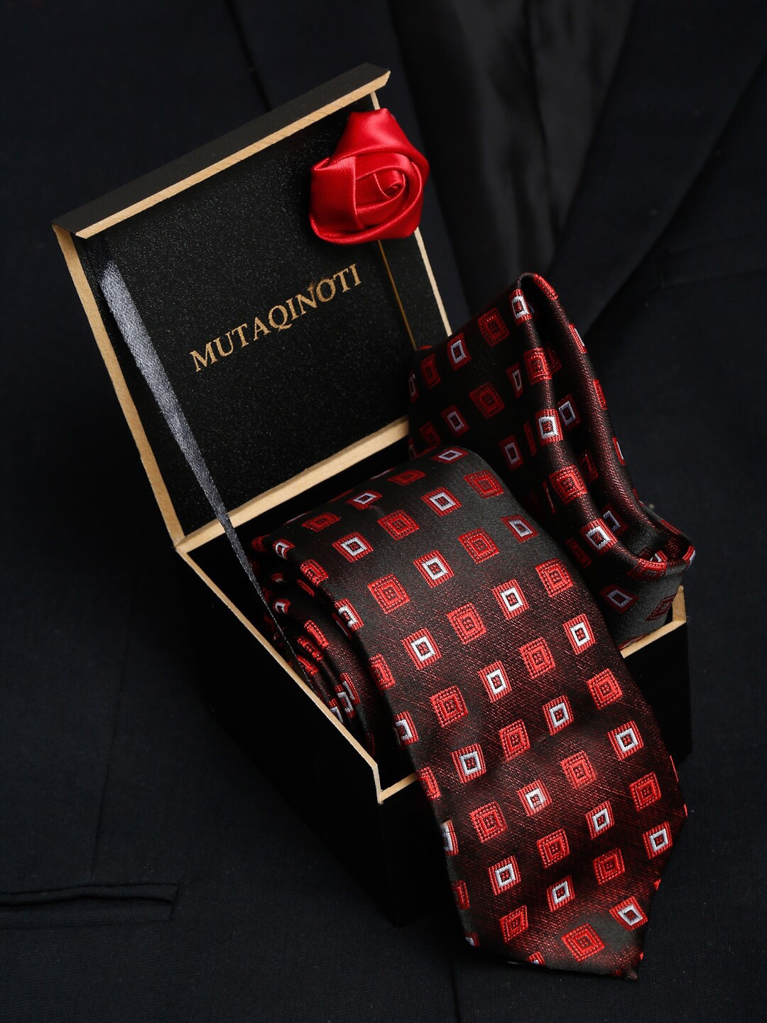 

MUTAQINOTI Men Brown & Red Printed Formal Tie Accessory Gift Set