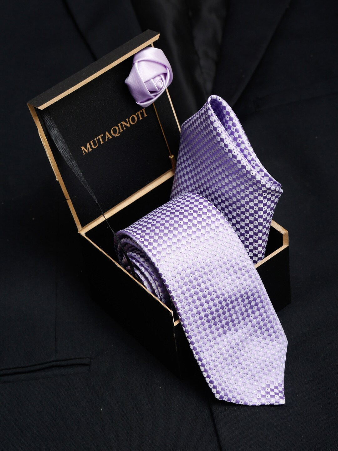 

MUTAQINOTI Men Lavender Silk Necktie Pocket Square and Brooch Accessory Gift Set