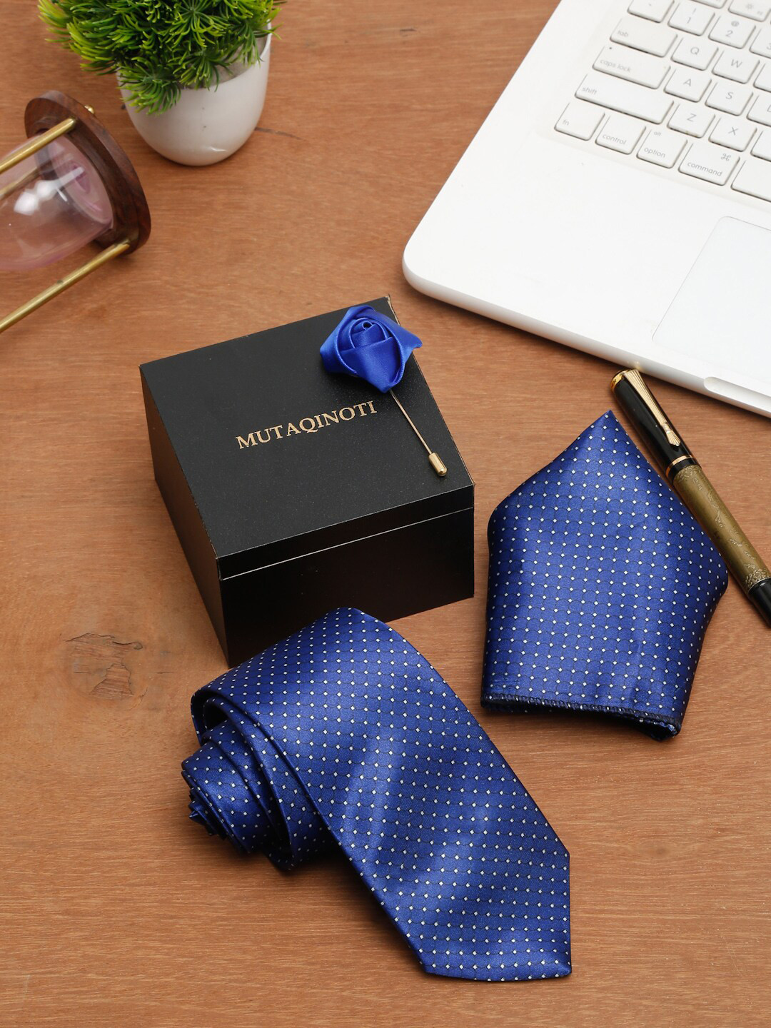 

MUTAQINOTI Men Silk Formal Tie Pocket Square and Brooch Accessory Gift Set, Blue
