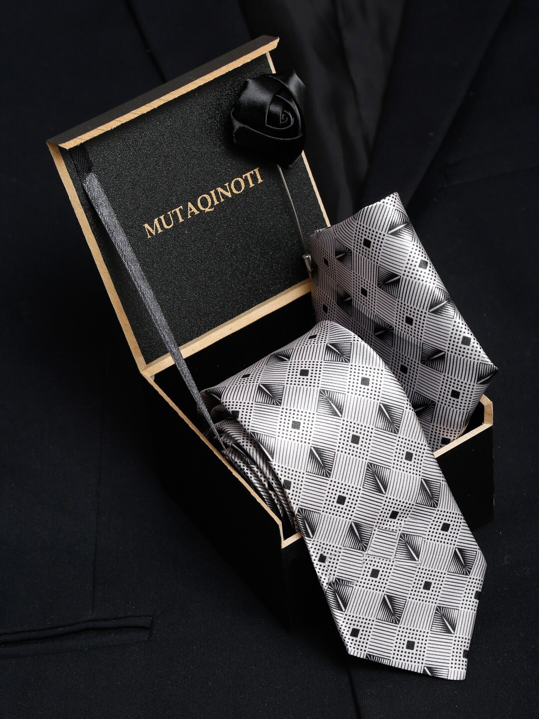 

MUTAQINOTI Men Polyester Necktie Pocket Square Brooch Accessory Gift Set, Grey