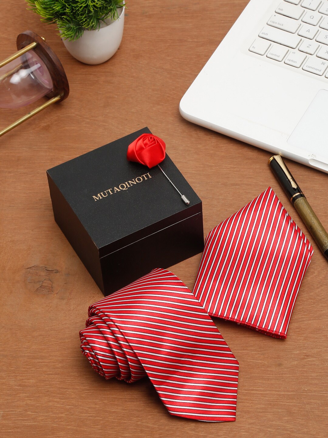 

MUTAQINOTI Men Red Polyester Tie Pocket Square Brooch Accessory Gift Set