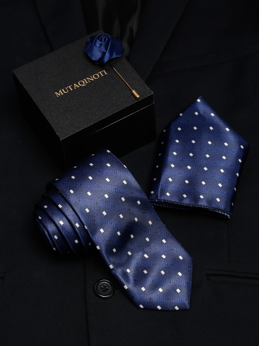 

MUTAQINOTI Men Blue Polyester Tie Cufflinks Pocket Square Accessory Gift Set
