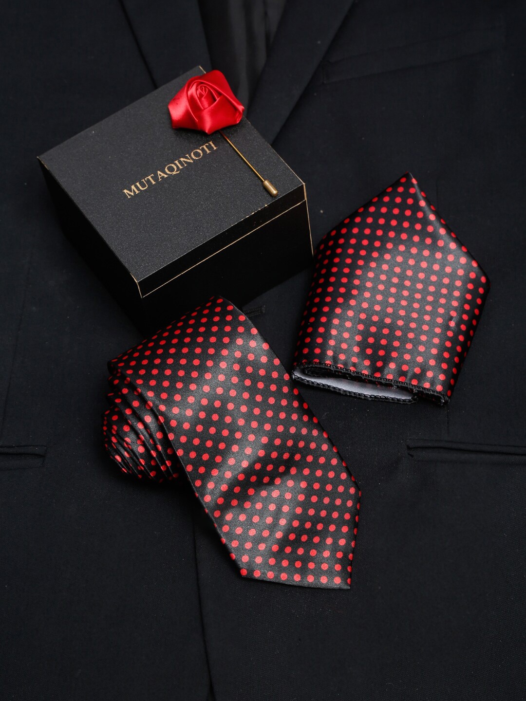 

MUTAQINOTI Men Black & Marron Polka Dot Printed Formal Tie Accessory Gift Set
