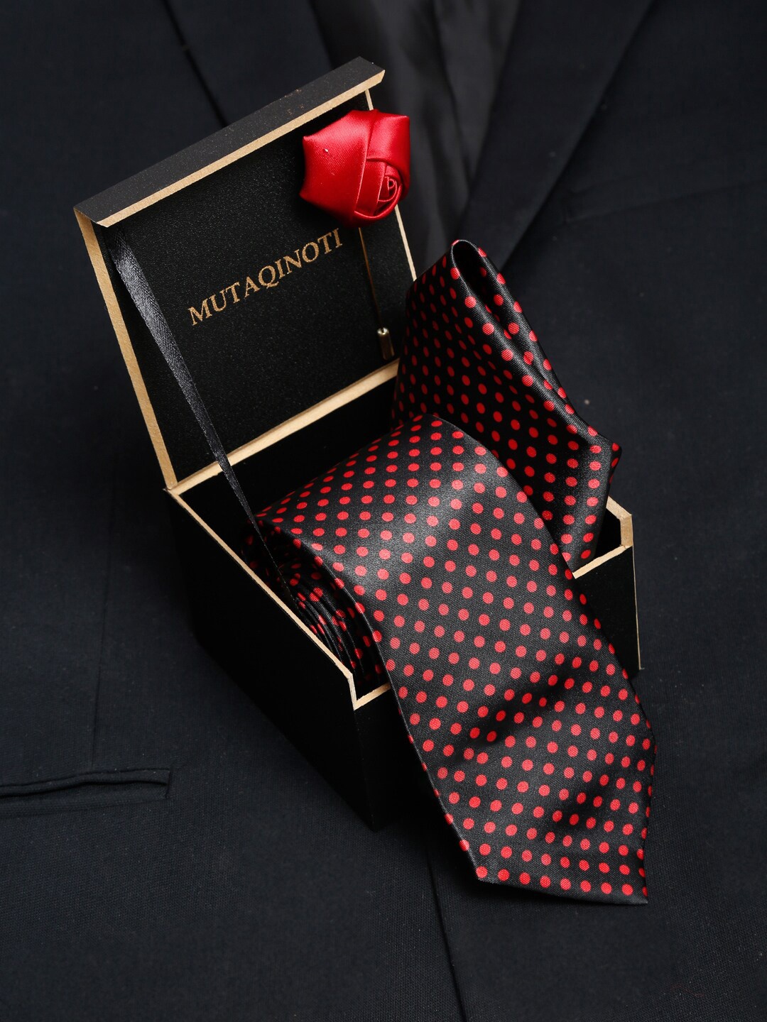 

MUTAQINOTI Men Black & Maroon Polka Dot Printed Formal Tie Accessory Gift Set