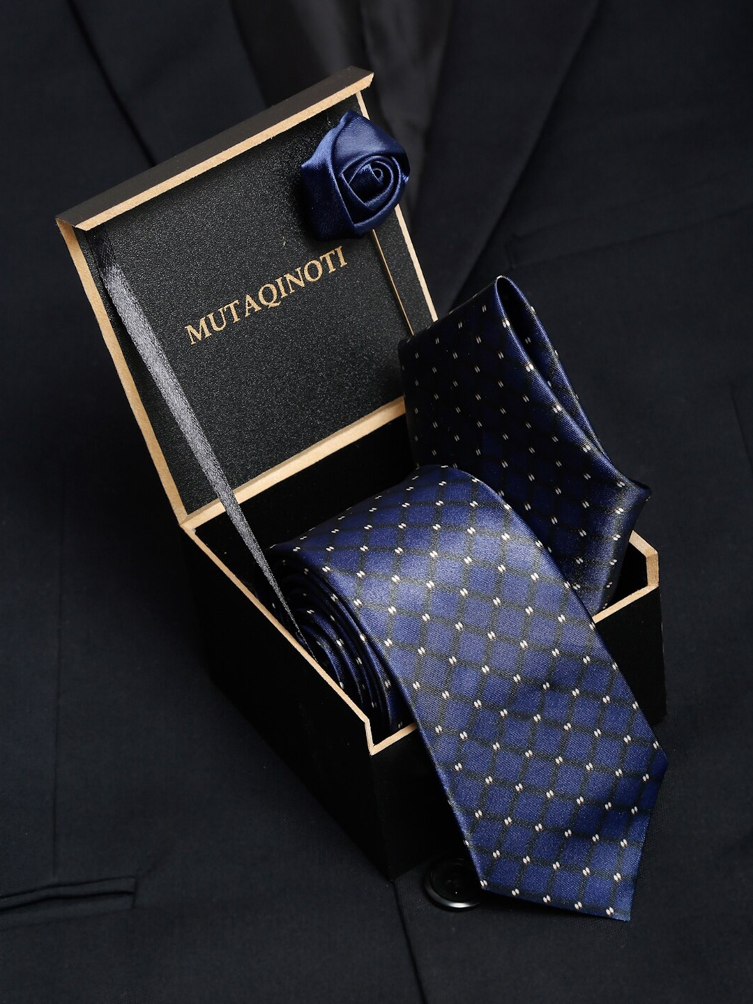 

MUTAQINOTI Men Blue & White Checks Formal Tie Accessory Gift Set