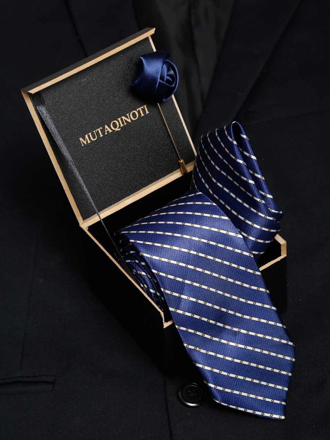 

MUTAQINOTI Men Blue Polyester Tie Cufflinks Pocket Square Accessory Gift Set