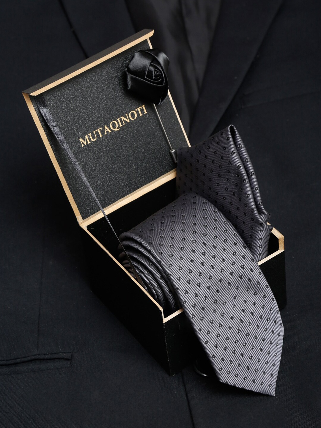 

MUTAQINOTI Men Grey Printed Silk Formal Tie Accessory Gift Set