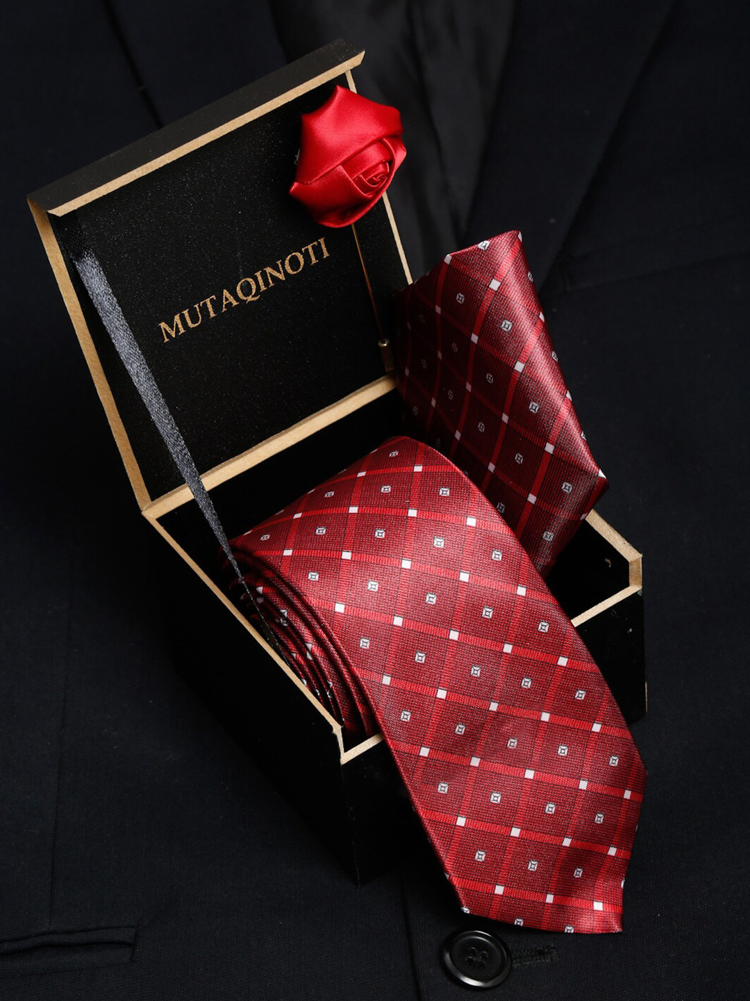 

MUTAQINOTI Red Men Checked Formal Tie Accessory Gift Set