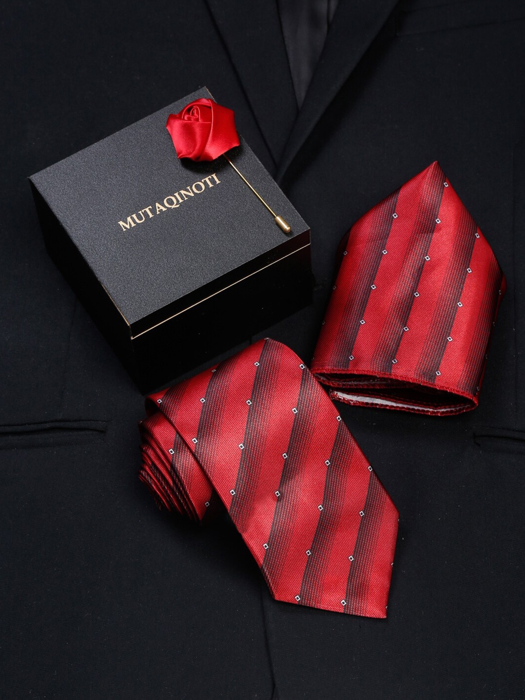 

MUTAQINOTI Men Red Polyester Tie Cufflinks Pocket Square Accessory Gift Set