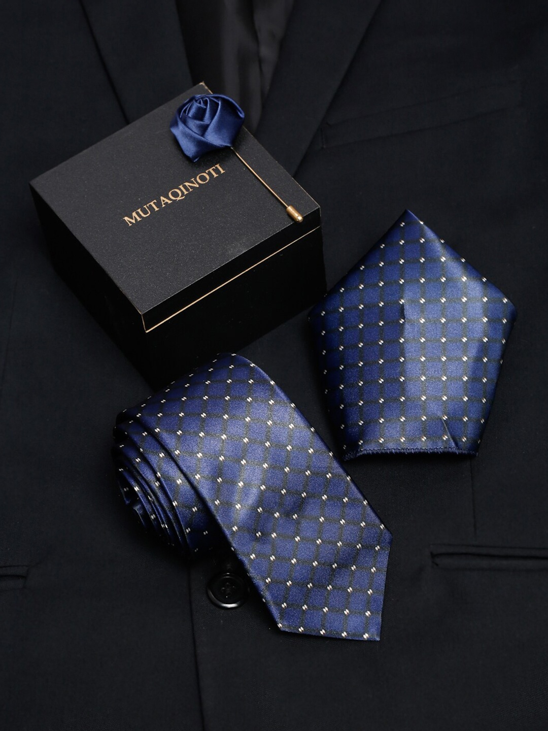 

MUTAQINOTI Men Blue Printed Polyester Formal Tie Accessory Gift Set