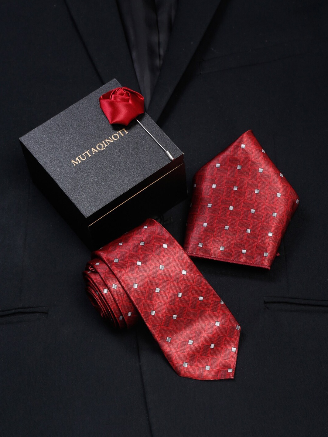 

MUTAQINOTI Men Red & White Printed Formal Tie Accessory Gift Set