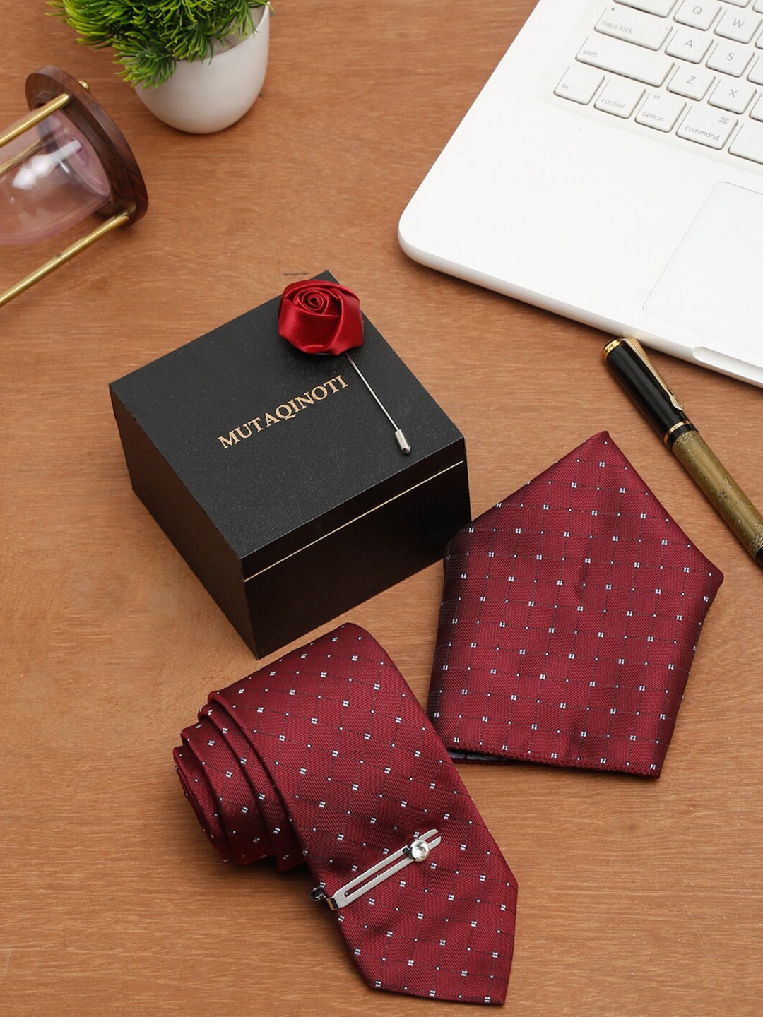 

MUTAQINOTI Men Maroon Silk Formal Tie Accessory Gift Set