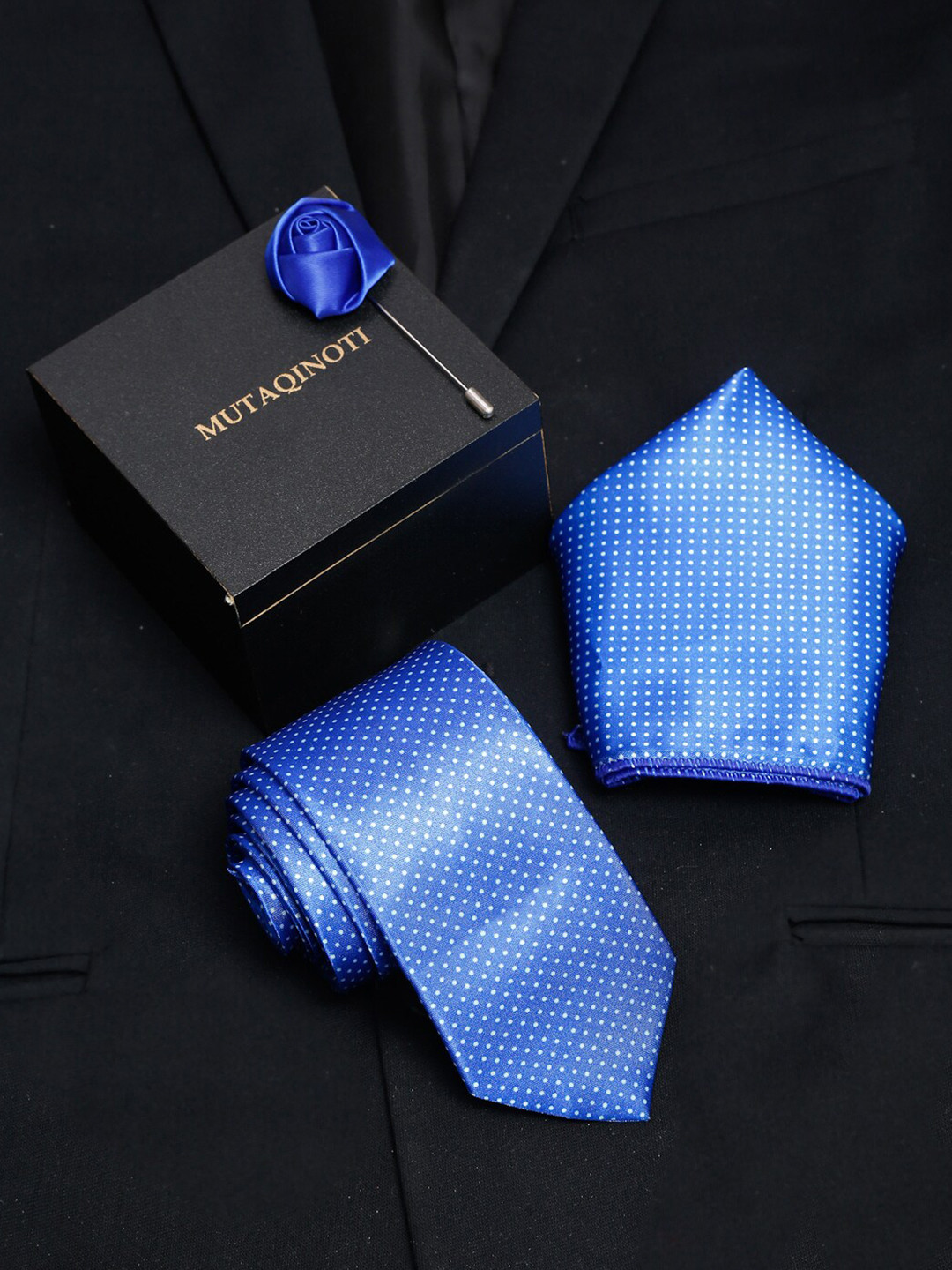 

MUTAQINOTI Men Blue Polyester Tie Cufflinks Pocket Square Accessory Gift Set
