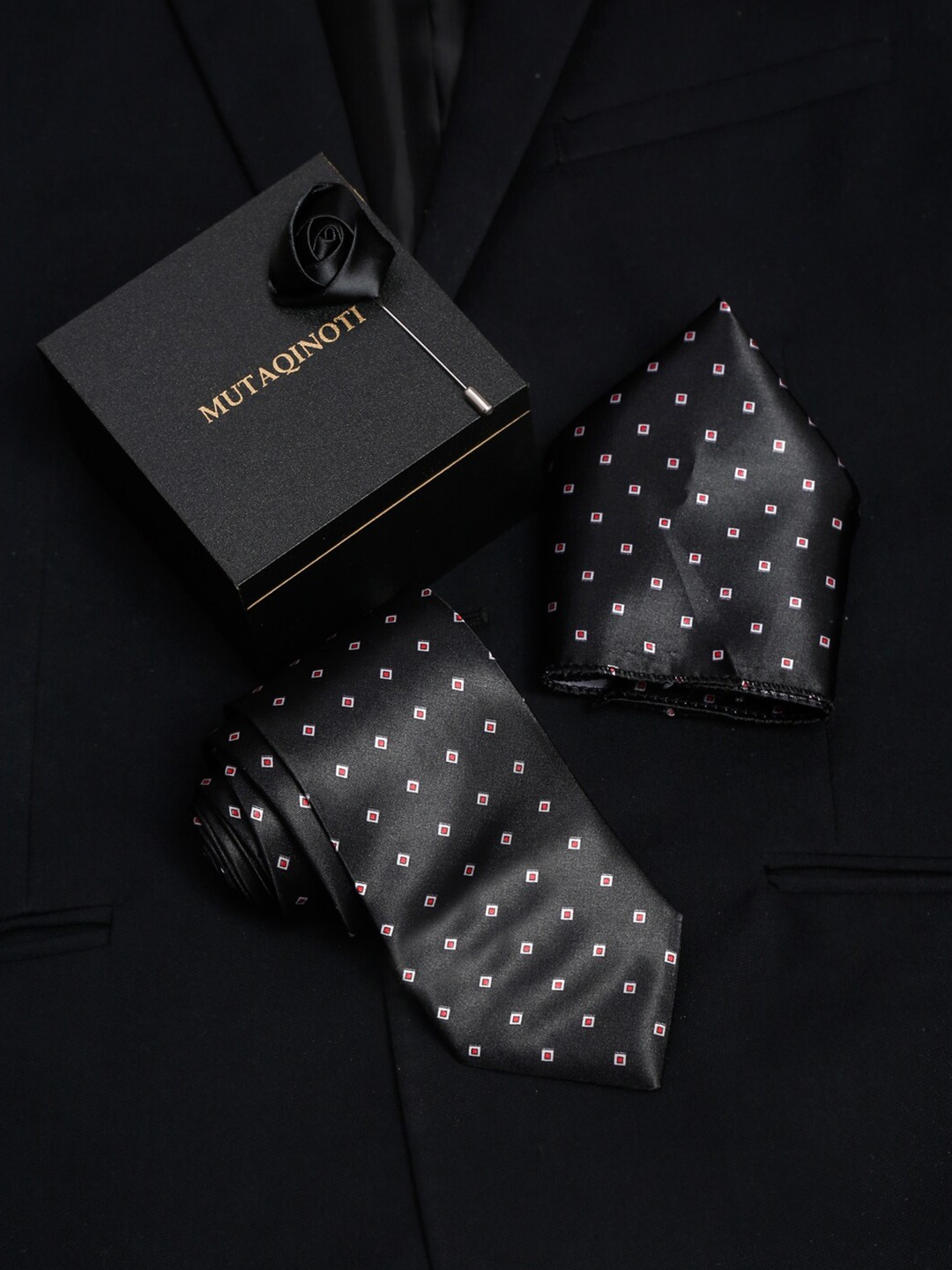 

MUTAQINOTI Men Black Tie Pocket Square Brooch Accessory Gift Set