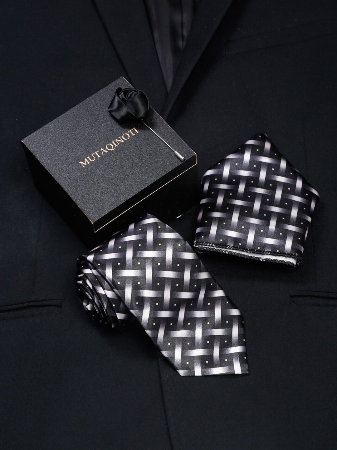 

MUTAQINOTI Men Polyester Tie Pocket Square Brooch Accessory Gift Set, Black